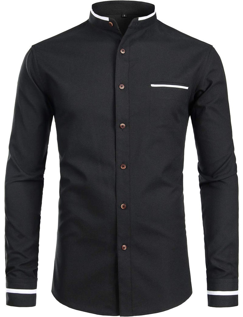 ZEROYAA Mens Hipster Mandarin Collar Slim Fit Long Sleeve Casual Button Down Oxford Dress Shirt with Pocket Z113 Black Medium - Image 1